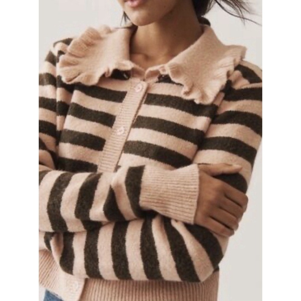 Maeve Anthropologie XXS Pink Brown Stripe Cardigan Ruffle Collar Boho Sweater